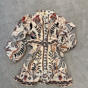 Farm Rio Floral Embroidered Cream Dress with belt